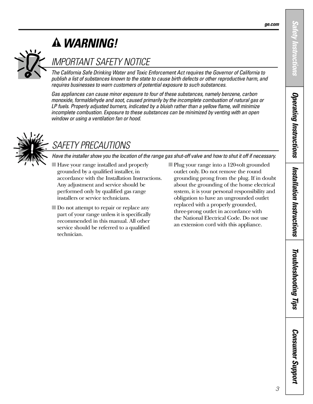 GE CGS980 installation instructions Safety Instructions Operating Instructions, Ge.com 