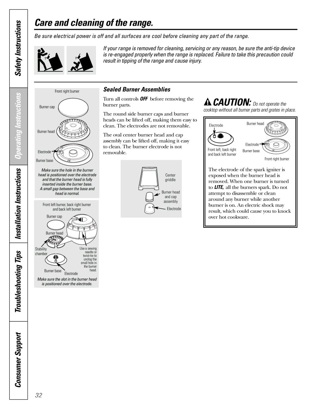 GE CGS980 installation instructions Care and cleaning of the range, Sealed Burner Assemblies 