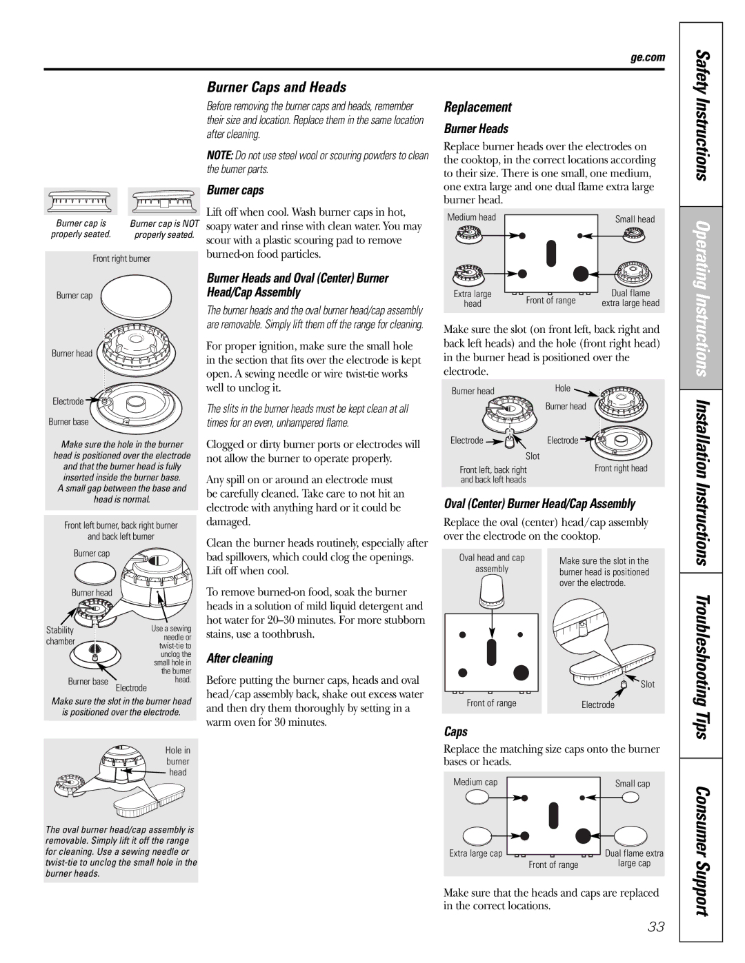 GE CGS980 Installation Instructions, Troubleshooting Tips Consumer Support, Burner Caps and Heads, Replacement 