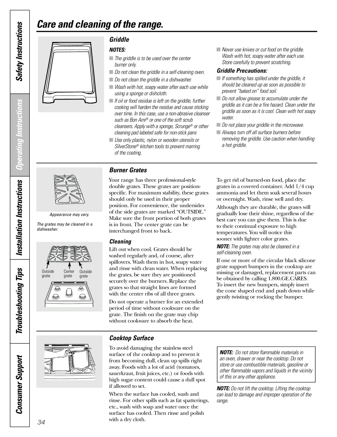 GE CGS980 Burner Grates, Cooktop Surface, Cleaning, Griddle is to be used over the center burner only 