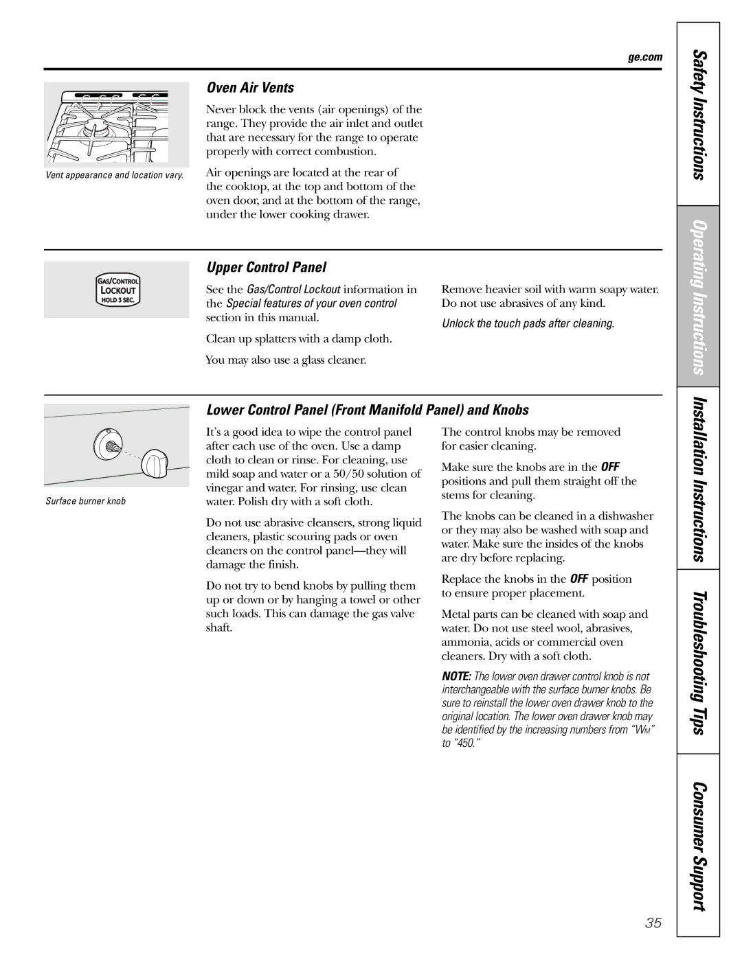 GE CGS980 Safety Instructions Operating, Oven Air Vents, Upper Control Panel, Unlock the touch pads after cleaning 