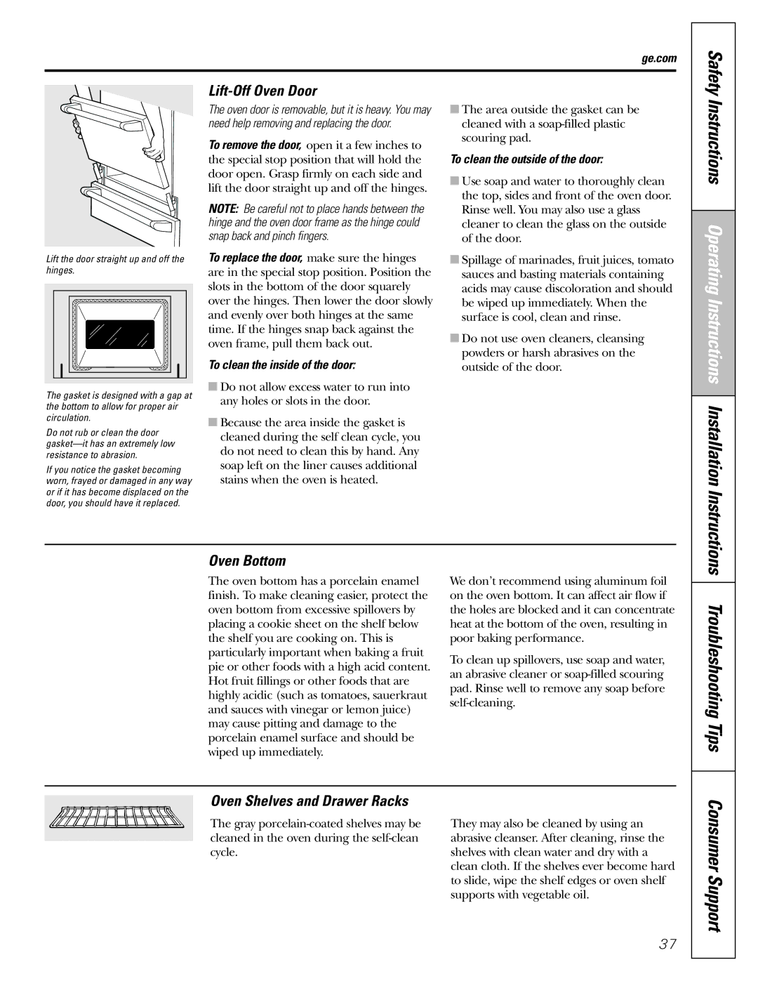 GE CGS980 installation instructions Troubleshooting Tips, Lift-Off Oven Door, Oven Bottom, Oven Shelves and Drawer Racks 