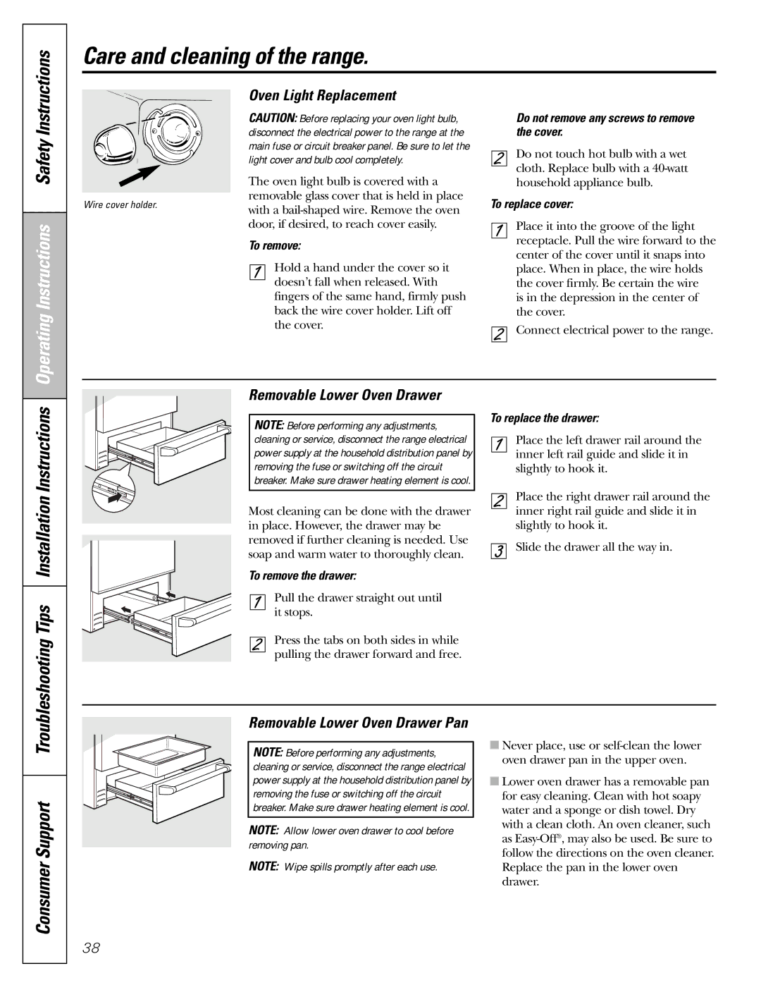 GE CGS980 installation instructions SupportConsumer, Oven Light Replacement, Removable Lower Oven Drawer Pan 