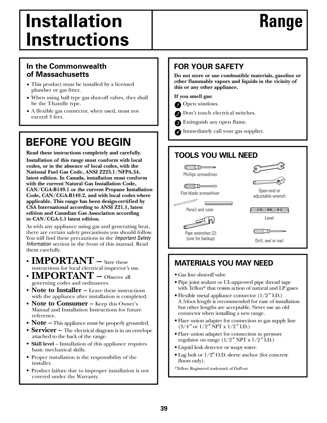 GE CGS980 installation instructions For Your Safety, Tools YOU will Need, Materials YOU MAY Need 