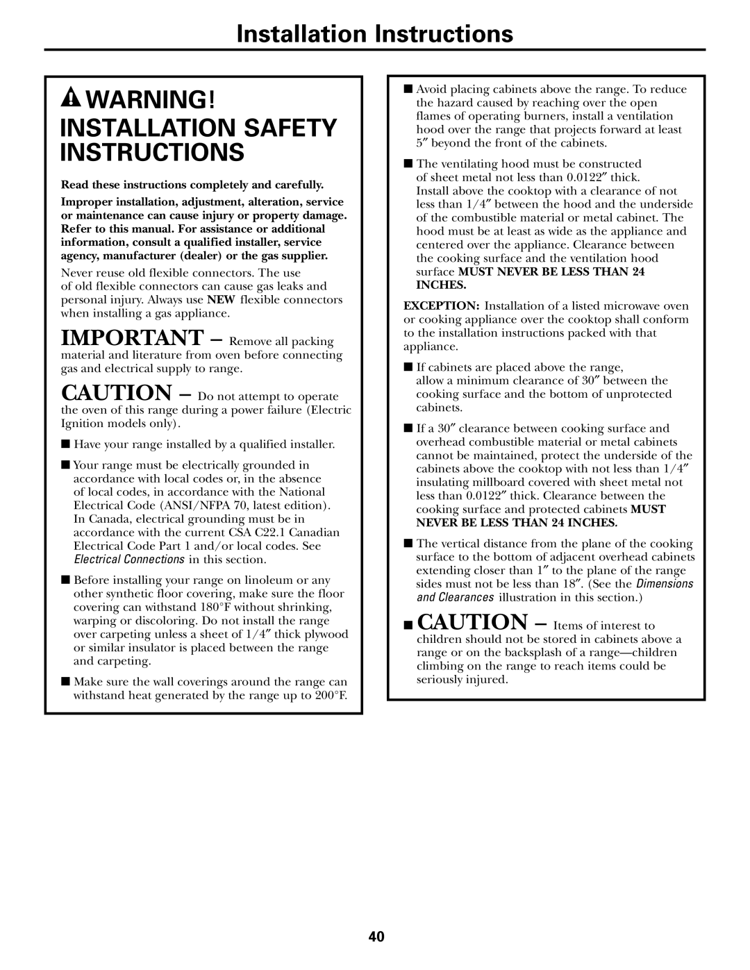 GE CGS980 installation instructions Installation Instructions, Electrical Connections in this section 