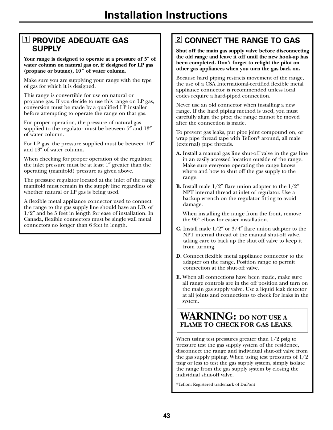 GE CGS980 installation instructions Provide Adequate GAS Supply, Connect the Range to GAS 