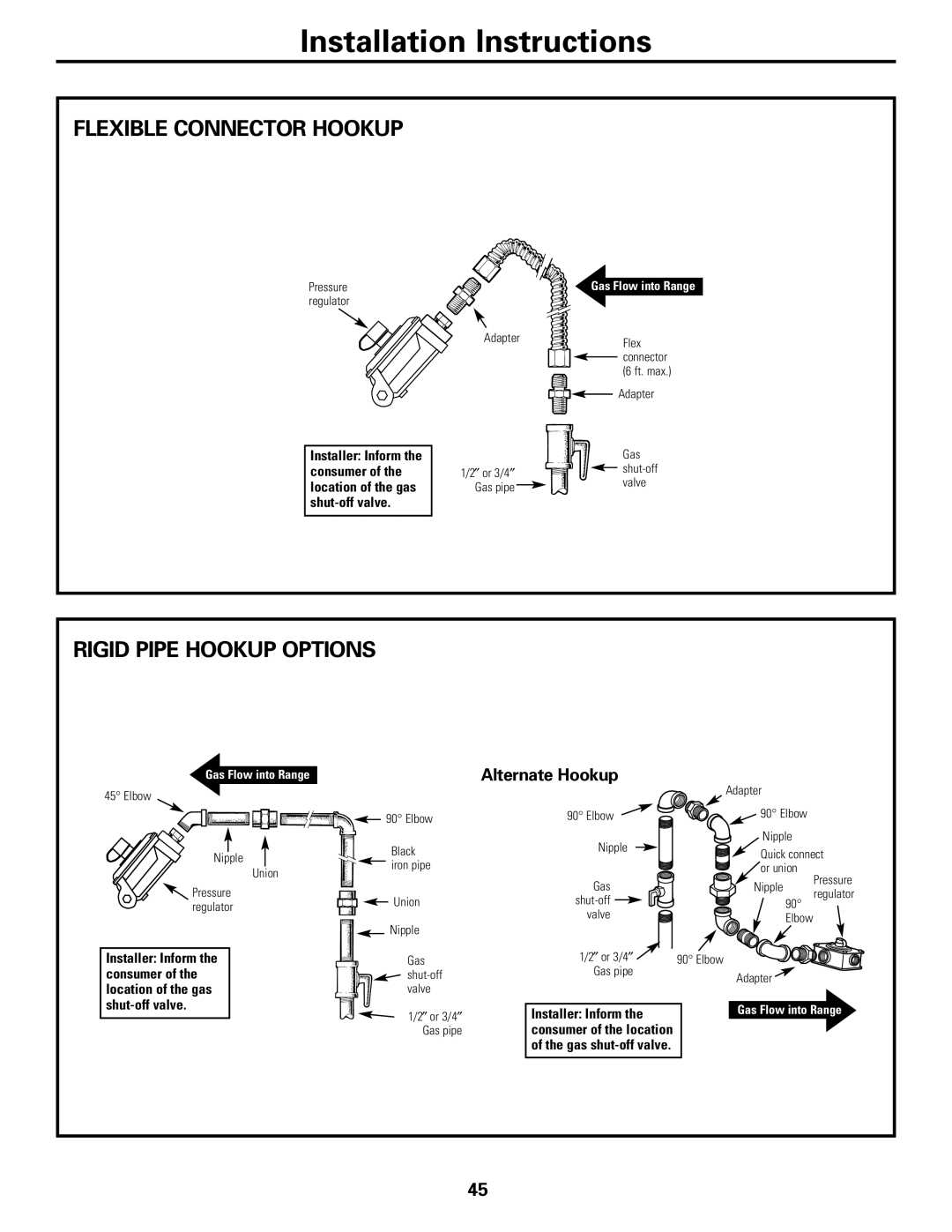 GE CGS980 installation instructions Flexible Connector Hookup, Rigid Pipe Hookup Options 