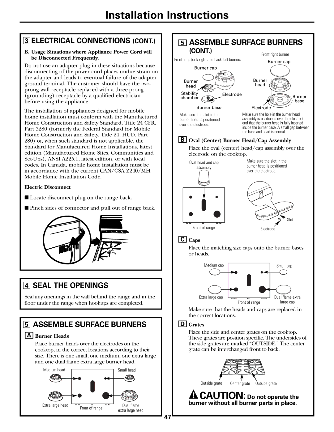 GE CGS980 installation instructions Seal the Openings, Assemble Surface Burners 