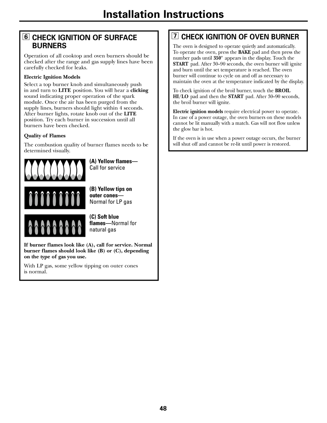 GE CGS980 installation instructions Check Ignition of Surface Burners, Check Ignition of Oven Burner 