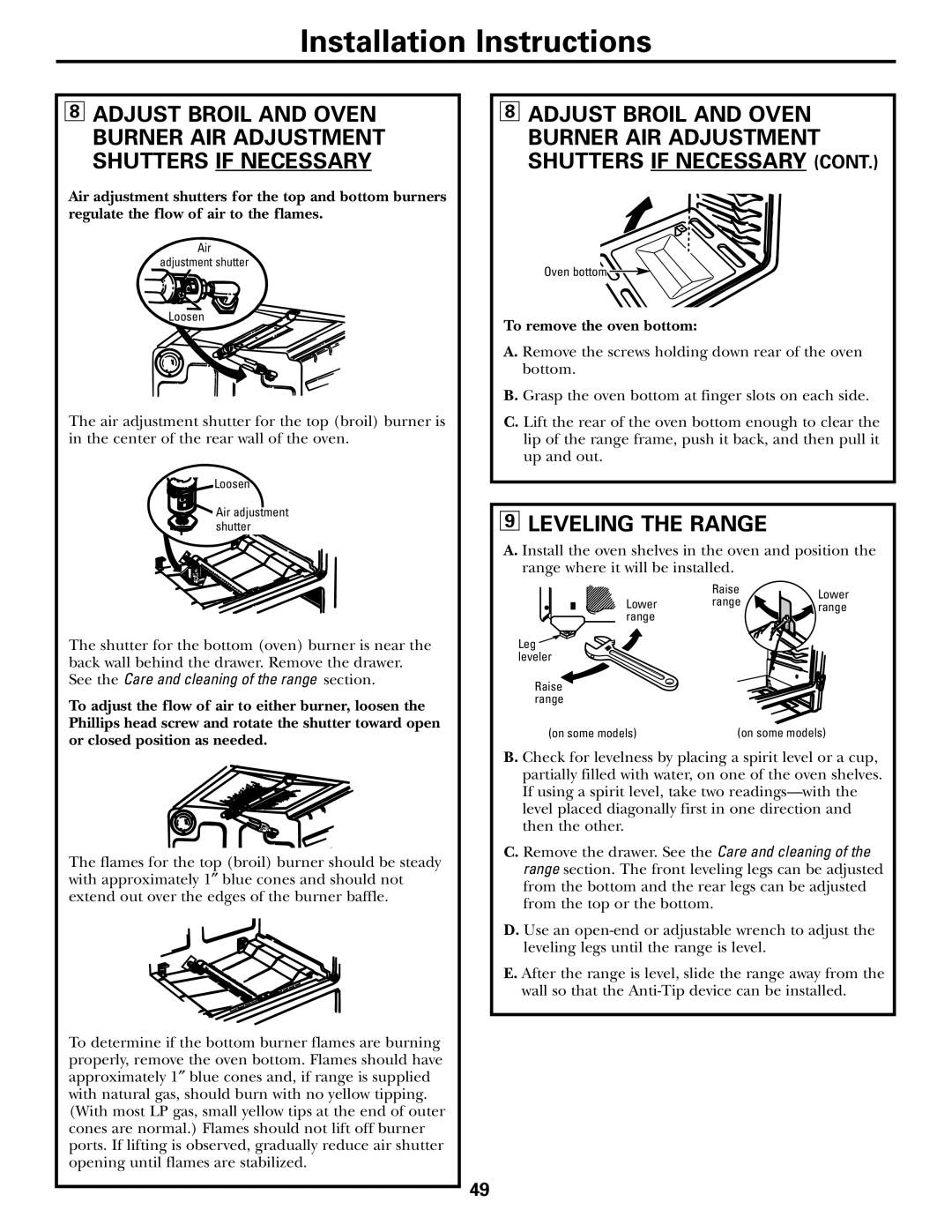 GE CGS980 installation instructions Leveling the Range, To remove the oven bottom 