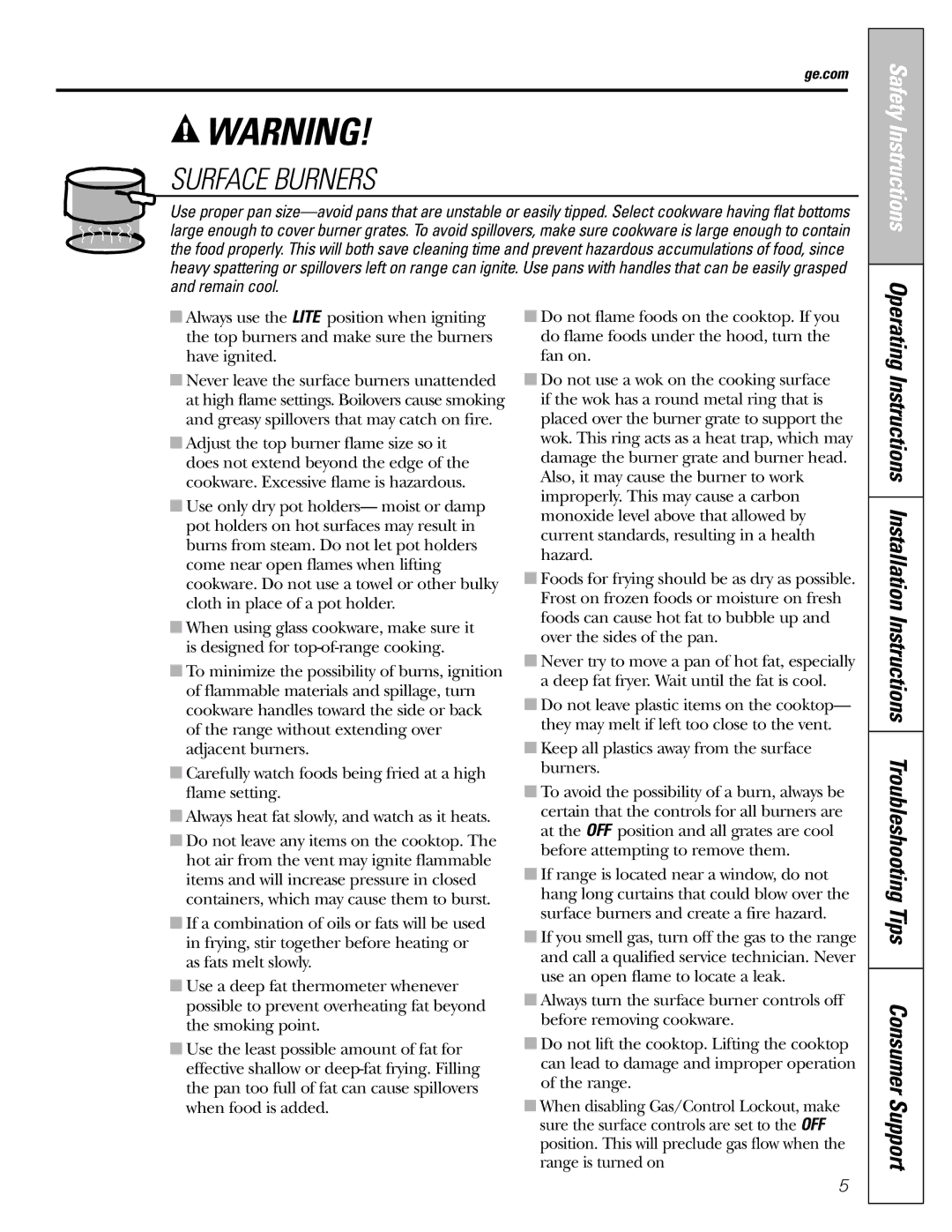 GE CGS980 installation instructions Surface Burners 