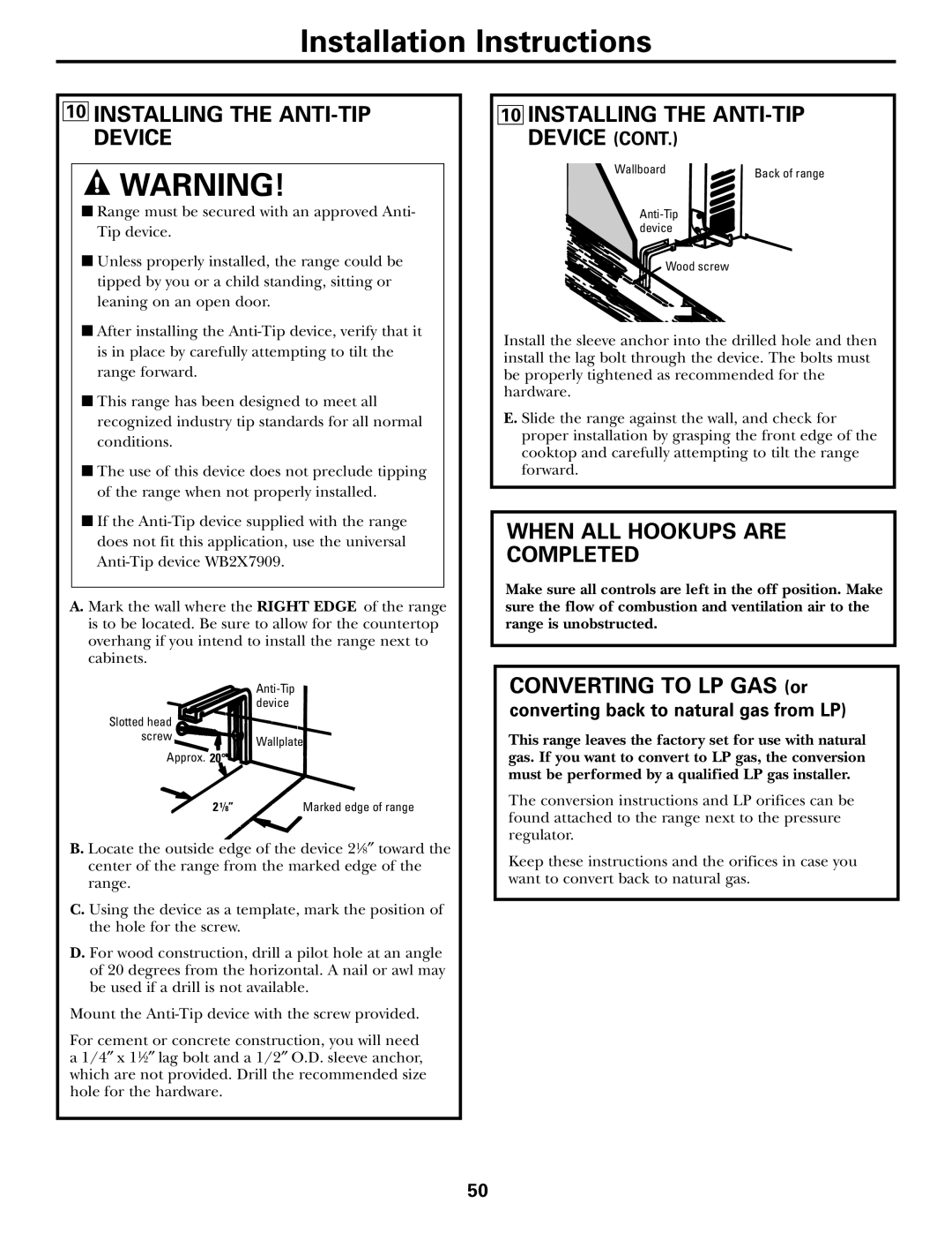 GE CGS980 installation instructions Installing the ANTI-TIP Device, When ALL Hookups are Completed 