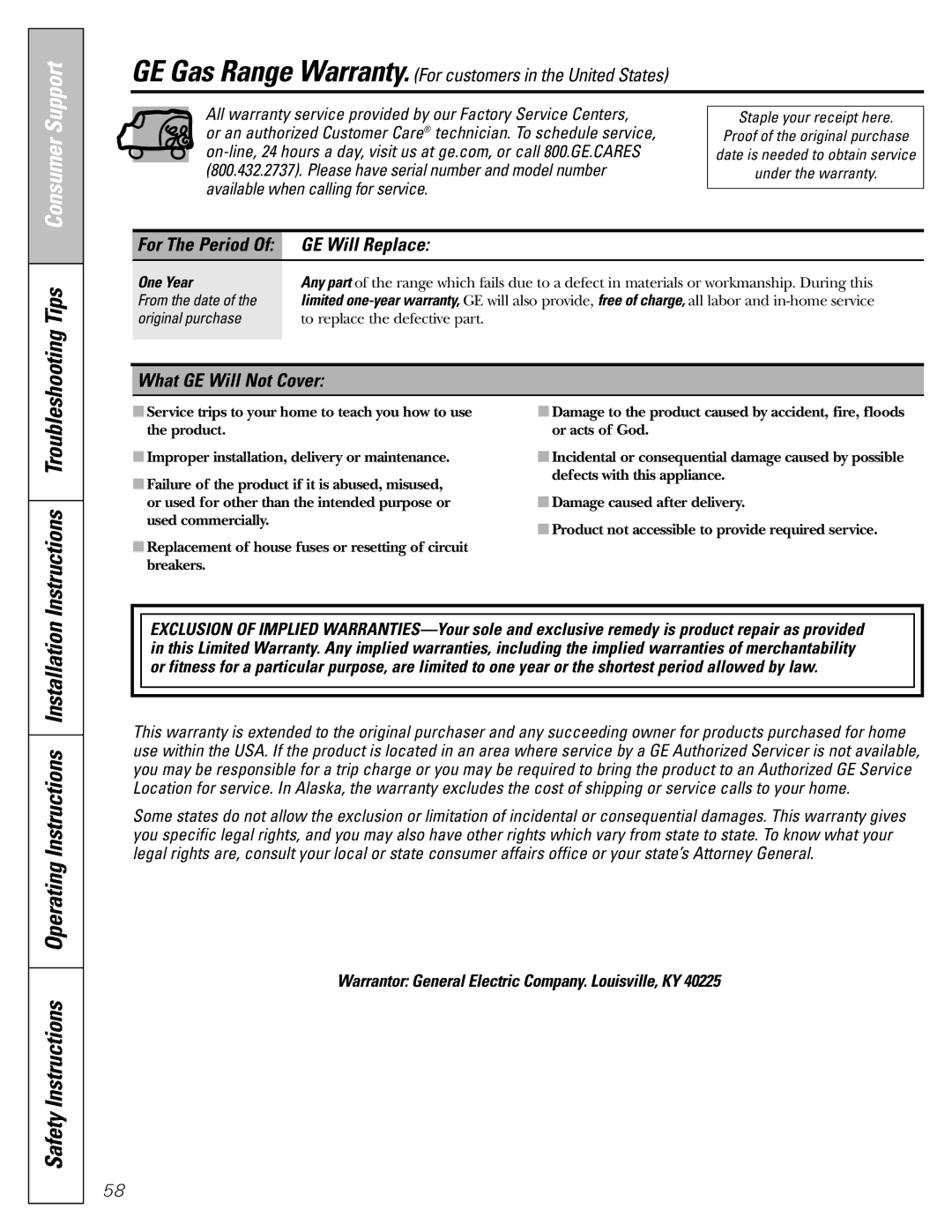 GE CGS980 Safety Instructions Operating Instructions Installation, GE Will Replace, What GE Will Not Cover, One Year 