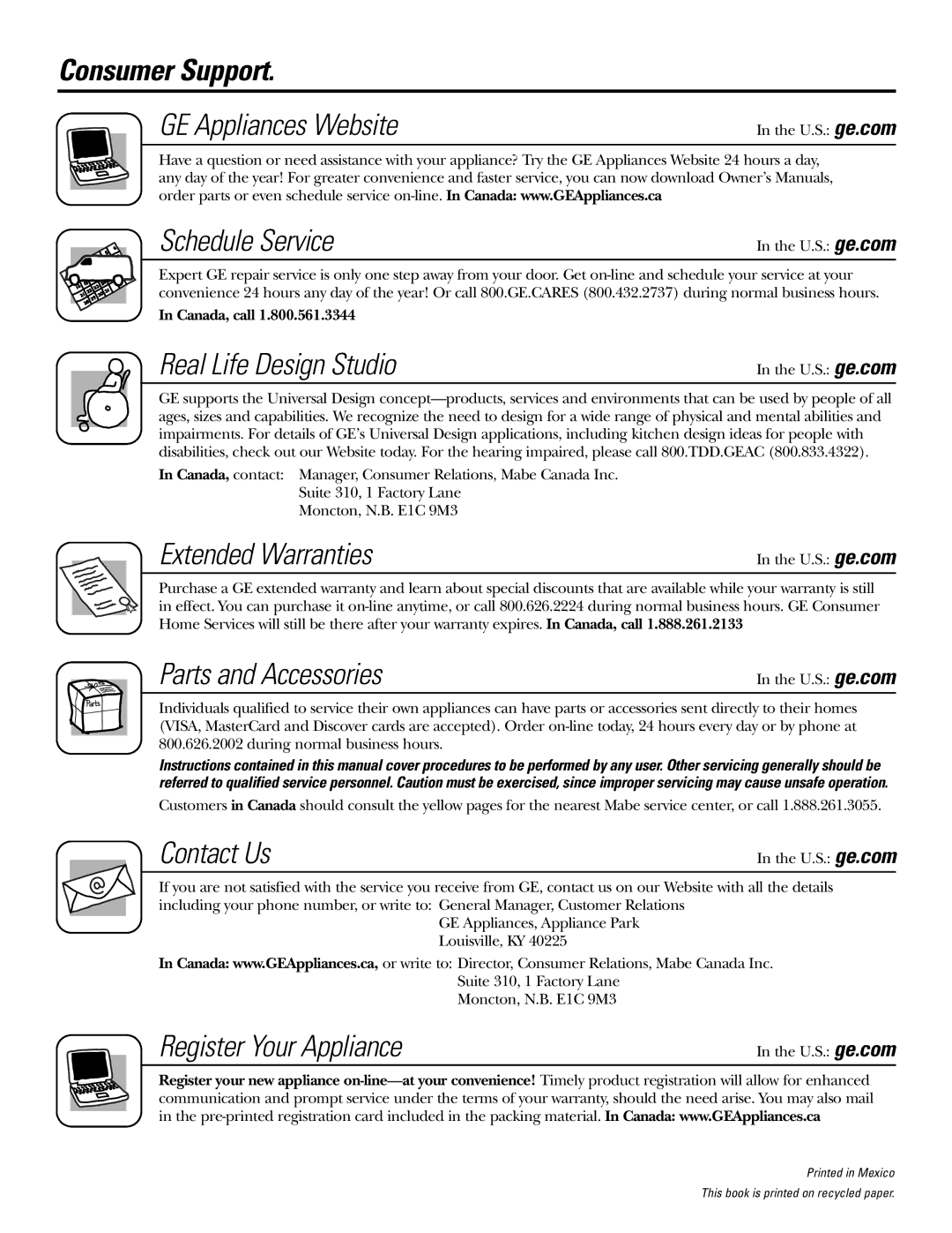 GE CGS980 installation instructions Consumer Support, Schedule Service 