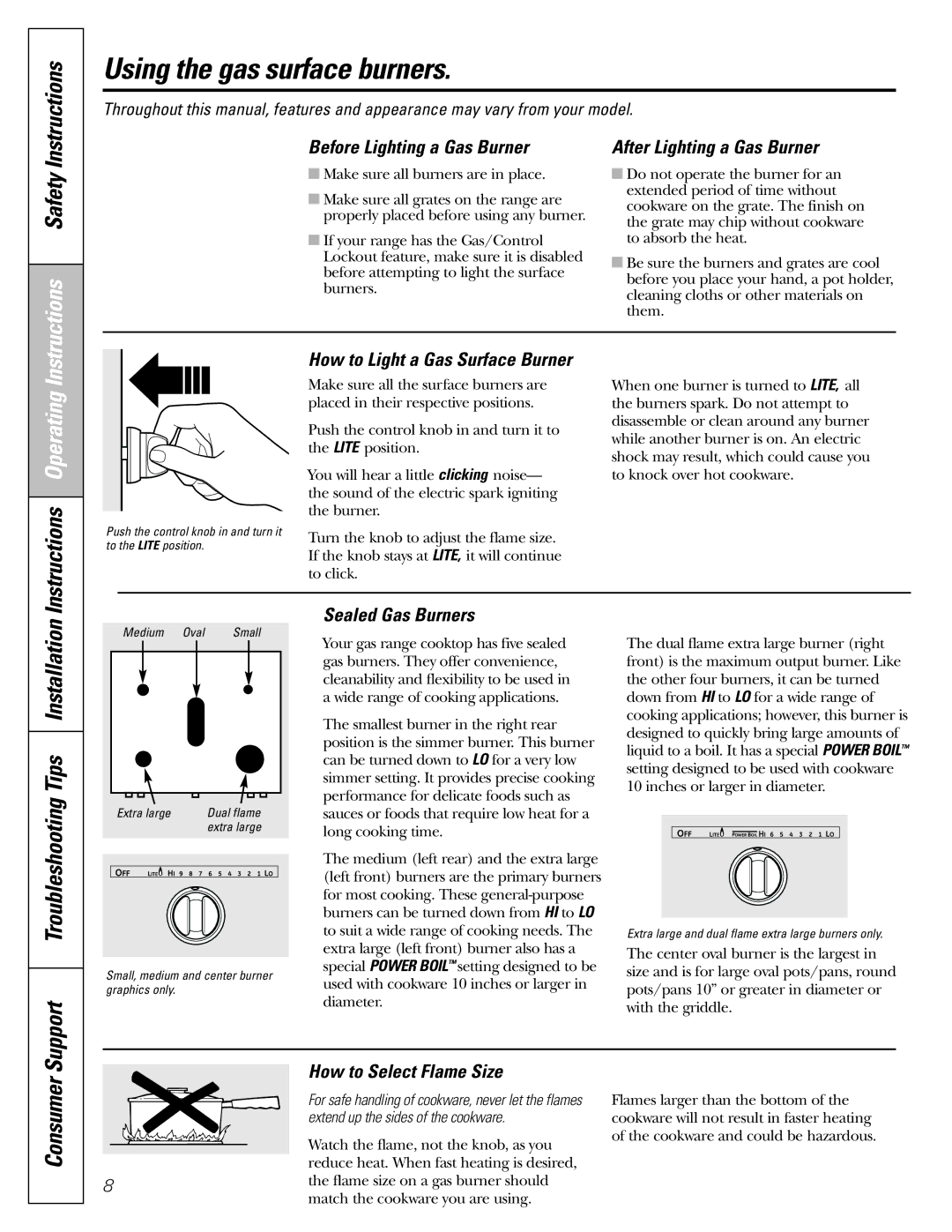 GE CGS980 installation instructions Using the gas surface burners, Instructions Operating, Consumer 