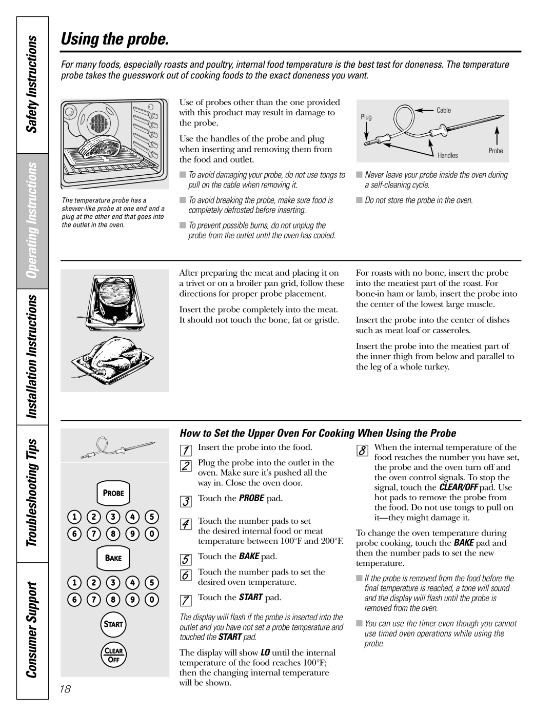 GE CGS980 Using the probe, Installation Instructions, Consumer Support Troubleshooting Tips, Safety 