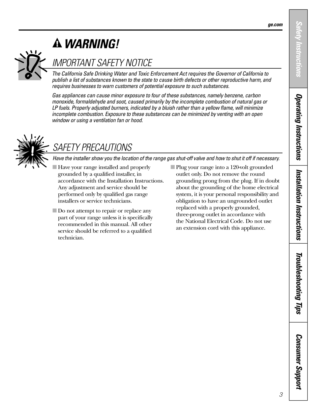 GE CGS980 installation instructions Important Safety Notice, Safety Precautions, Safety Instructions Operating Instructions 