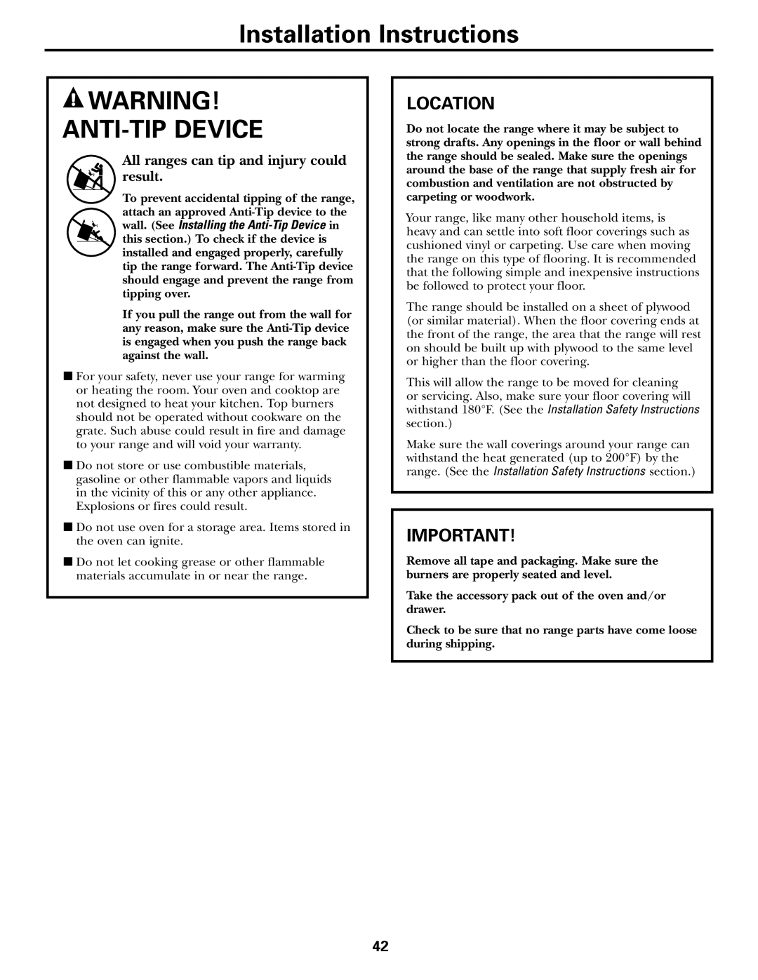 GE CGS980 Anti-Tip Device, Location, Installation Instructions, All ranges can tip and injury could result 