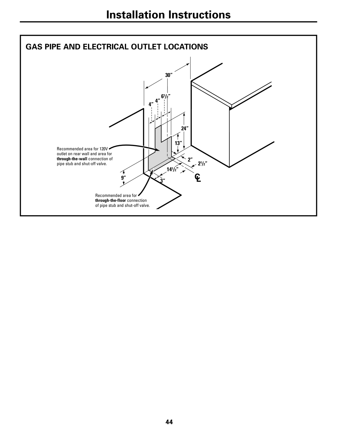 GE CGS980 Gas Pipe And Electrical Outlet Locations, Installation Instructions, 6 1/ 2”, 4” 4”, 14 1/ 2”, 2 1/ 2” 