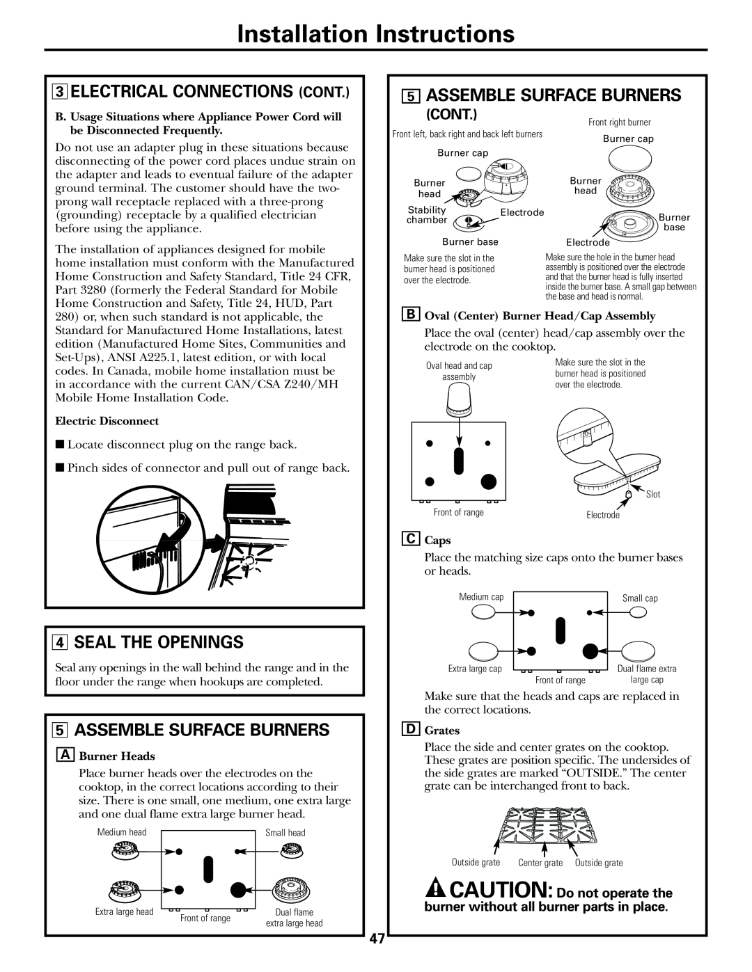 GE CGS980 Seal The Openings, Assemble Surface Burners, Electrical Connections Cont, Installation Instructions 