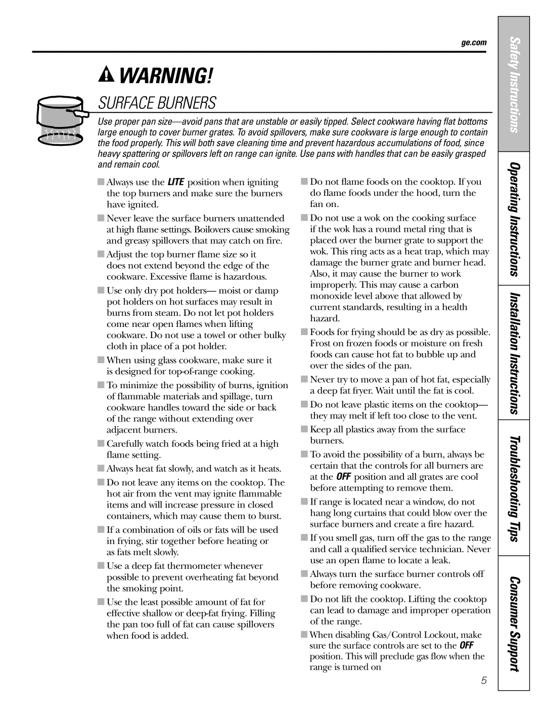 GE CGS980 installation instructions Surface Burners, Safety Instructions 
