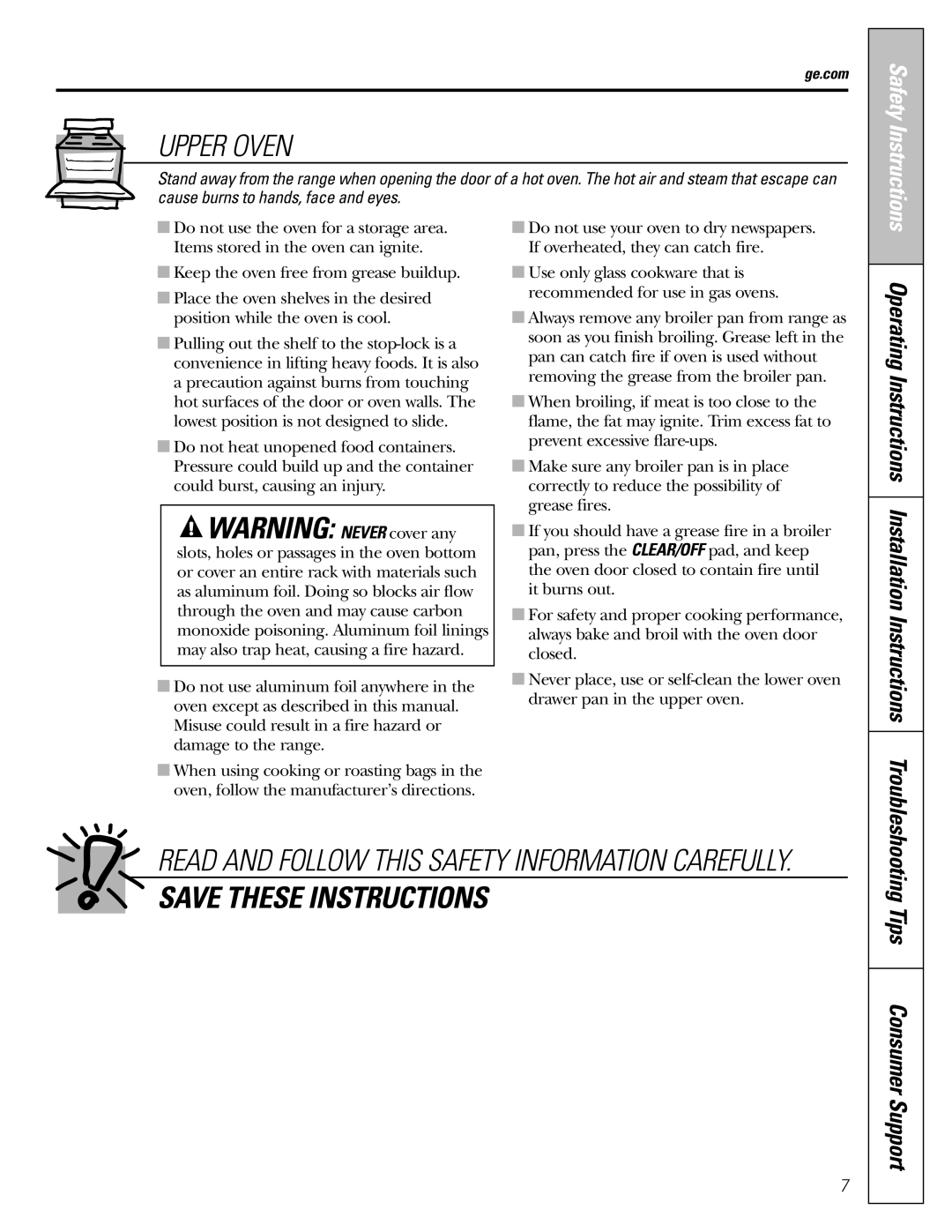 GE CGS980 Upper Oven, WARNING NEVER cover any, Save These Instructions, Tips Consumer Support, Safety Instructions 