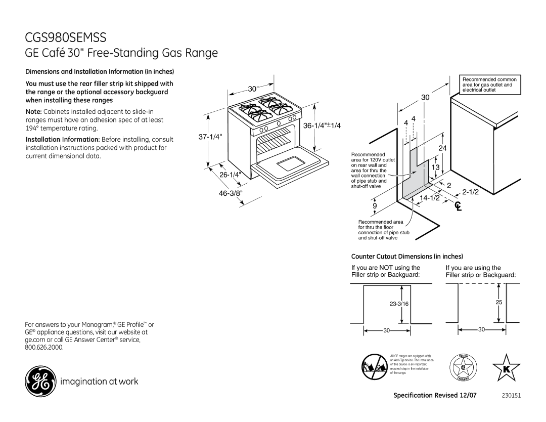 GE CGS980SEMSS installation instructions GE Café 30 Free-Standing Gas Range, 37-1/4 26-1/4 46-3/8 36-1/4 1/4, 14-1/2 