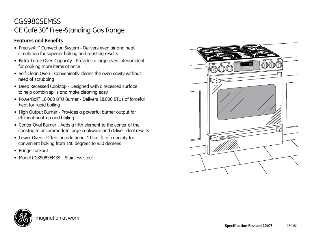 GE CGS980SEMSS installation instructions GE Café 30 Free-StandingGas Range, Features and Benefits 