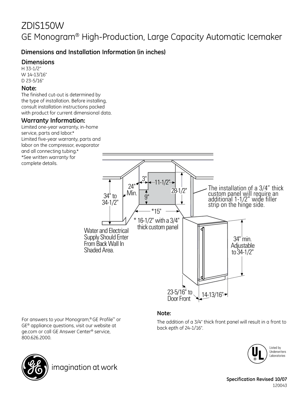 GE CLP-2001 dimensions ZDIS150W, 34 to 34-1/2, Shaded Area, 14-13/16 