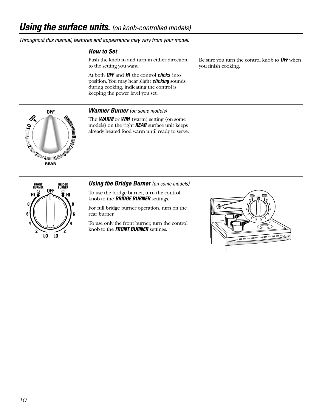 GE Coli Top owner manual How to Set, Using the Bridge Burner on some models, Warmer Burner on some models 