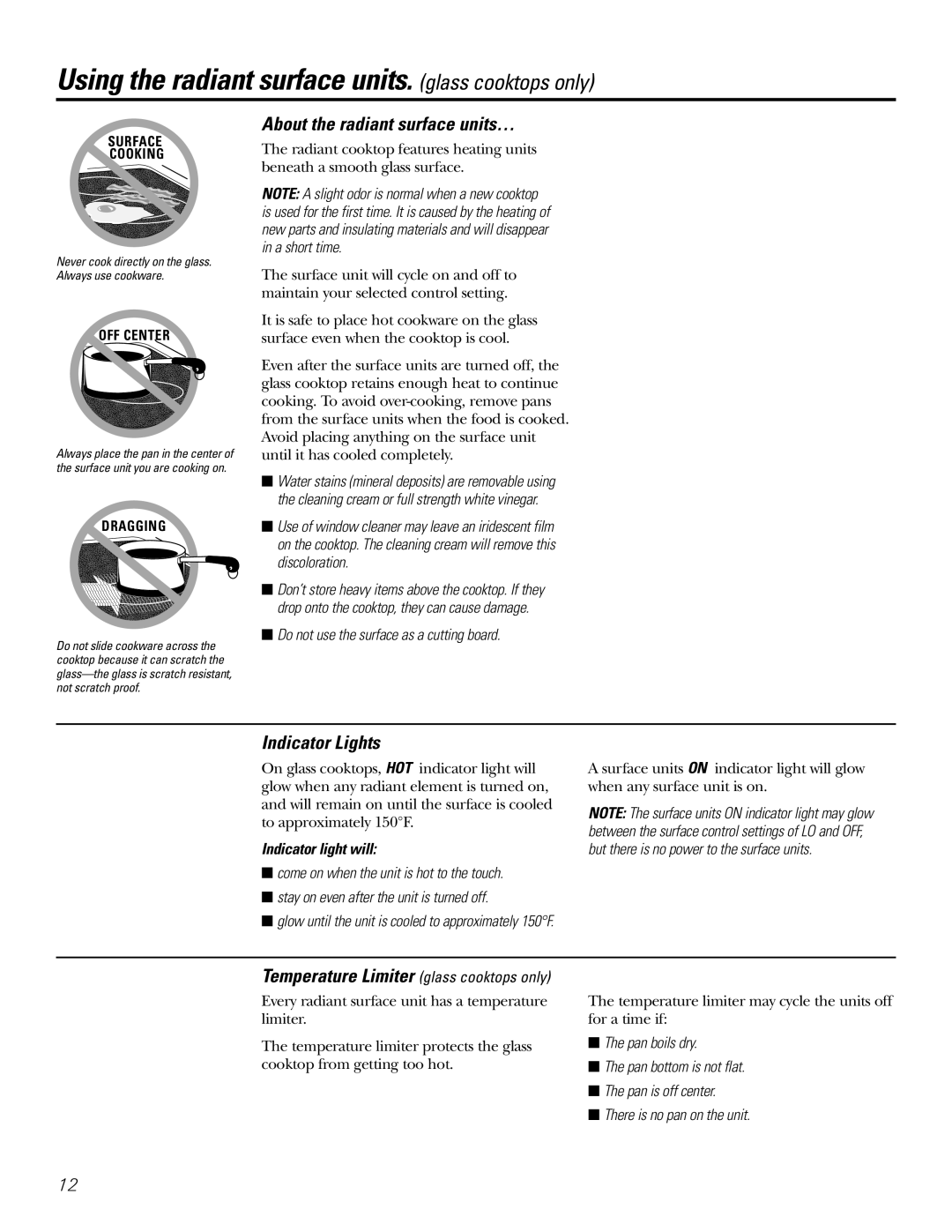 GE Coli Top Using the radiant surface units. glass cooktops only, About the radiant surface units…, Indicator Lights 