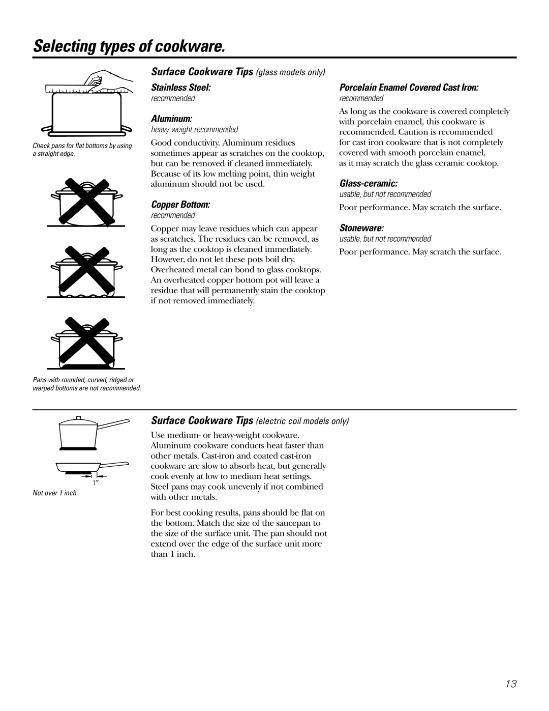 GE Coli Top owner manual Selecting types of cookware 