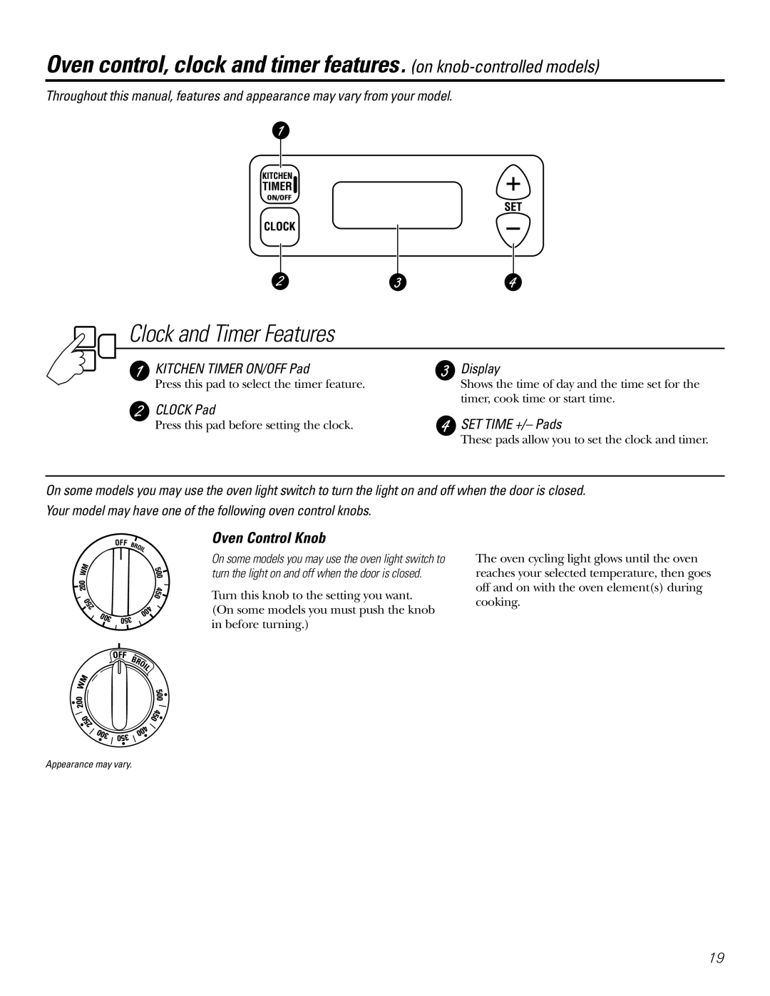 GE Coli Top owner manual Clock and Timer Features, Oven Control Knob 