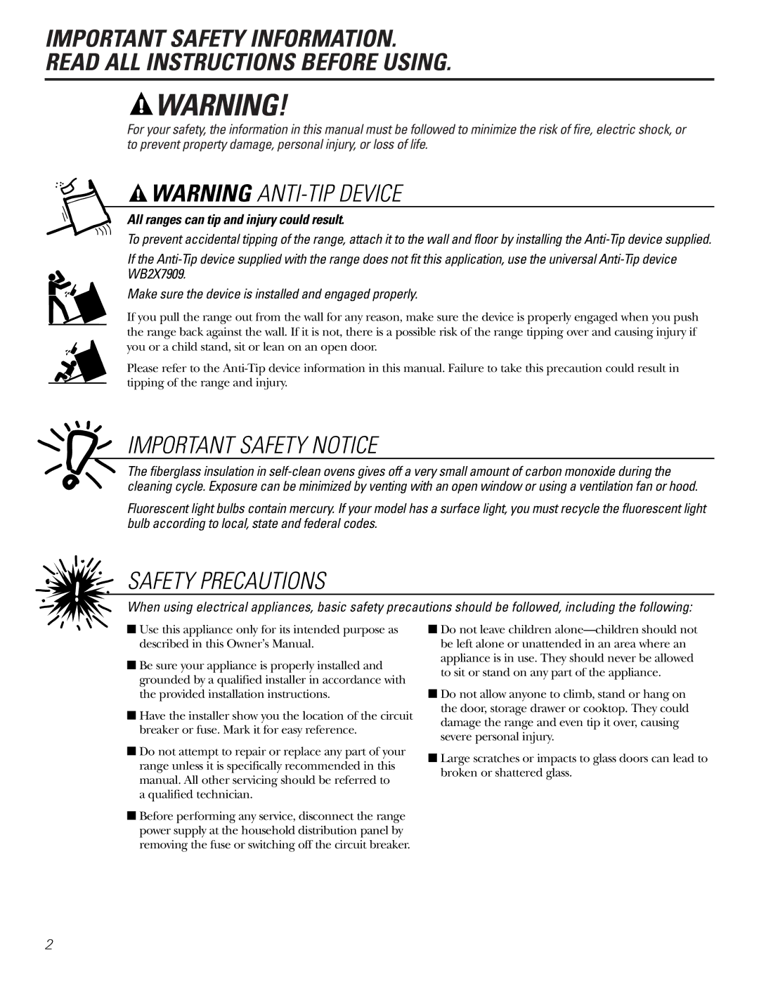 GE Coli Top owner manual Important Safety Notice, All ranges can tip and injury could result 