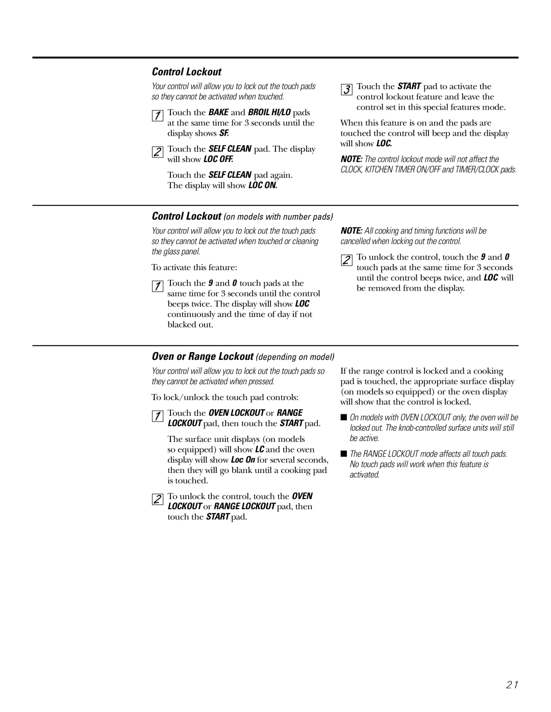 GE Coli Top owner manual Control Lockout, Oven or Range Lockout depending on model 