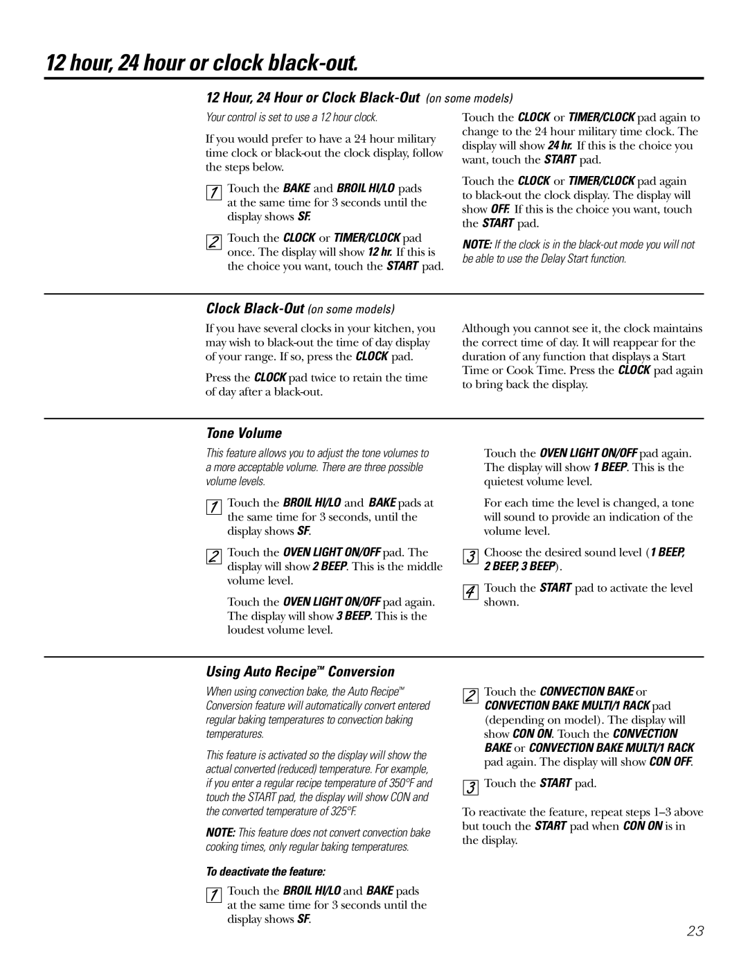 GE Coli Top owner manual Hour, 24 hour or clock black-out, Hour, 24 Hour or Clock Black-Out on some models, Tone Volume 