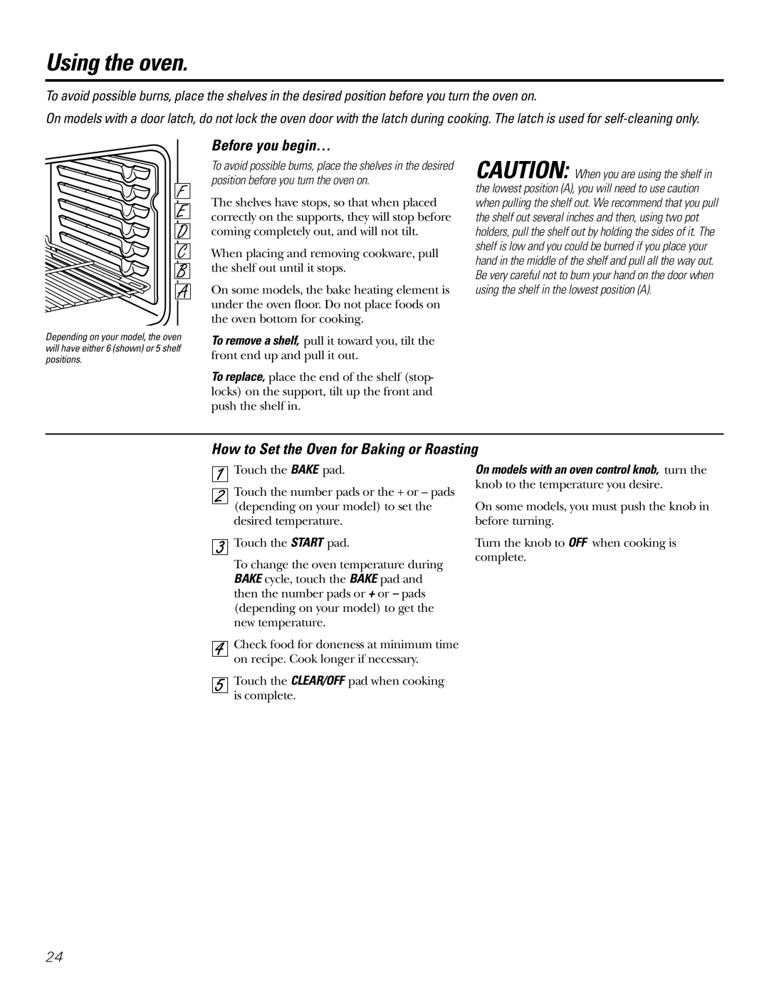 GE Coli Top owner manual Using the oven, Before you begin…, How to Set the Oven for Baking or Roasting 