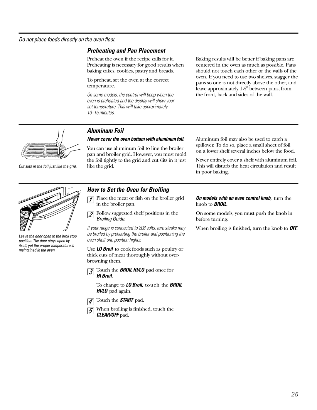 GE Coli Top owner manual Preheating and Pan Placement, Aluminum Foil, How to Set the Oven for Broiling, HI Broil 