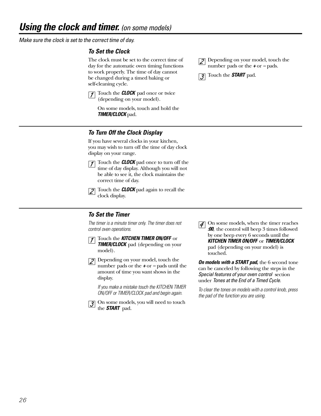 GE Coli Top Using the clock and timer. on some models, To Set the Clock, To Turn Off the Clock Display, To Set the Timer 