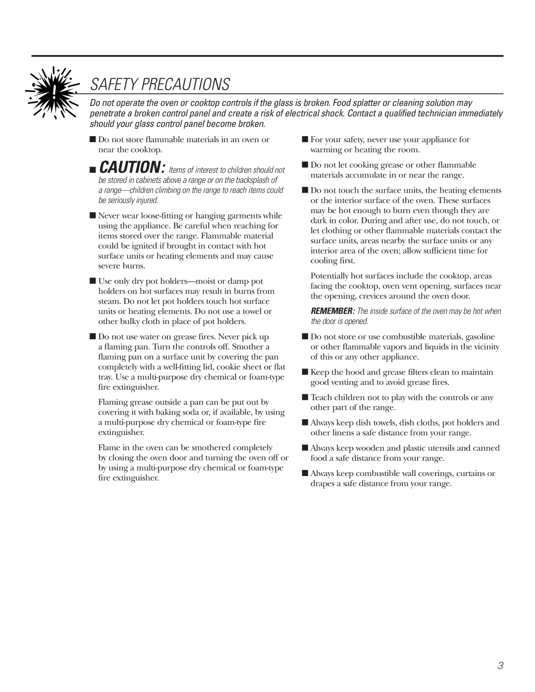 GE Coli Top owner manual Safety Precautions 