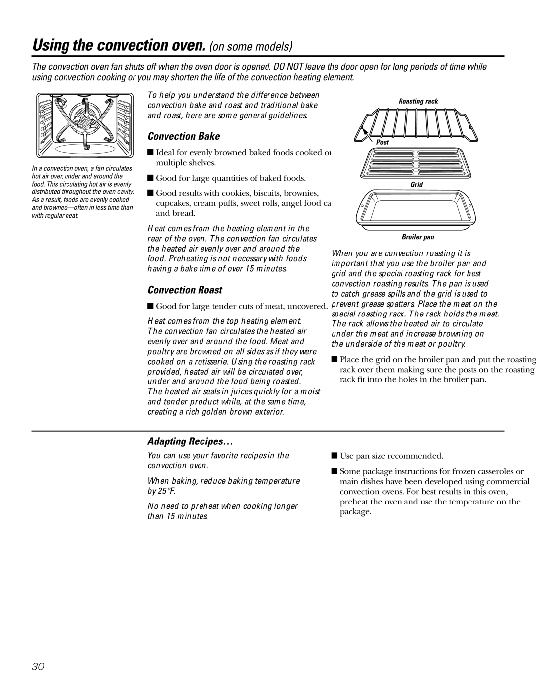 GE Coli Top owner manual Using the convection oven. on some models, Convection Bake, Convection Roast, Adapting Recipes… 