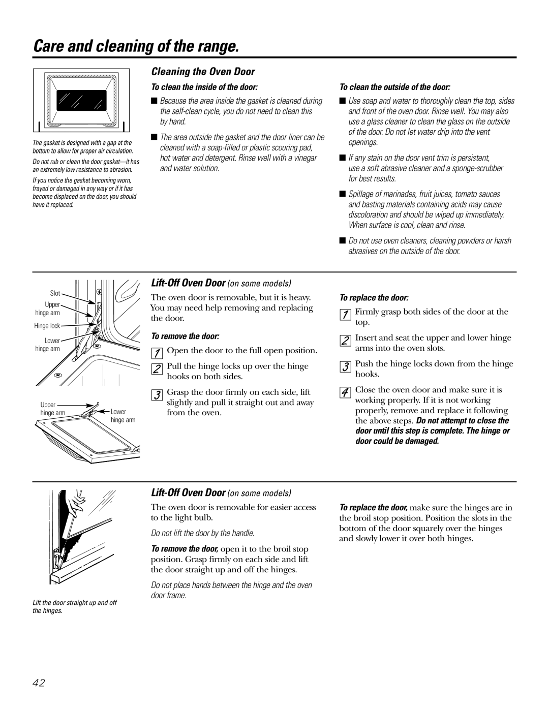 GE Coli Top owner manual Cleaning the Oven Door, Lift-Off Oven Door on some models 