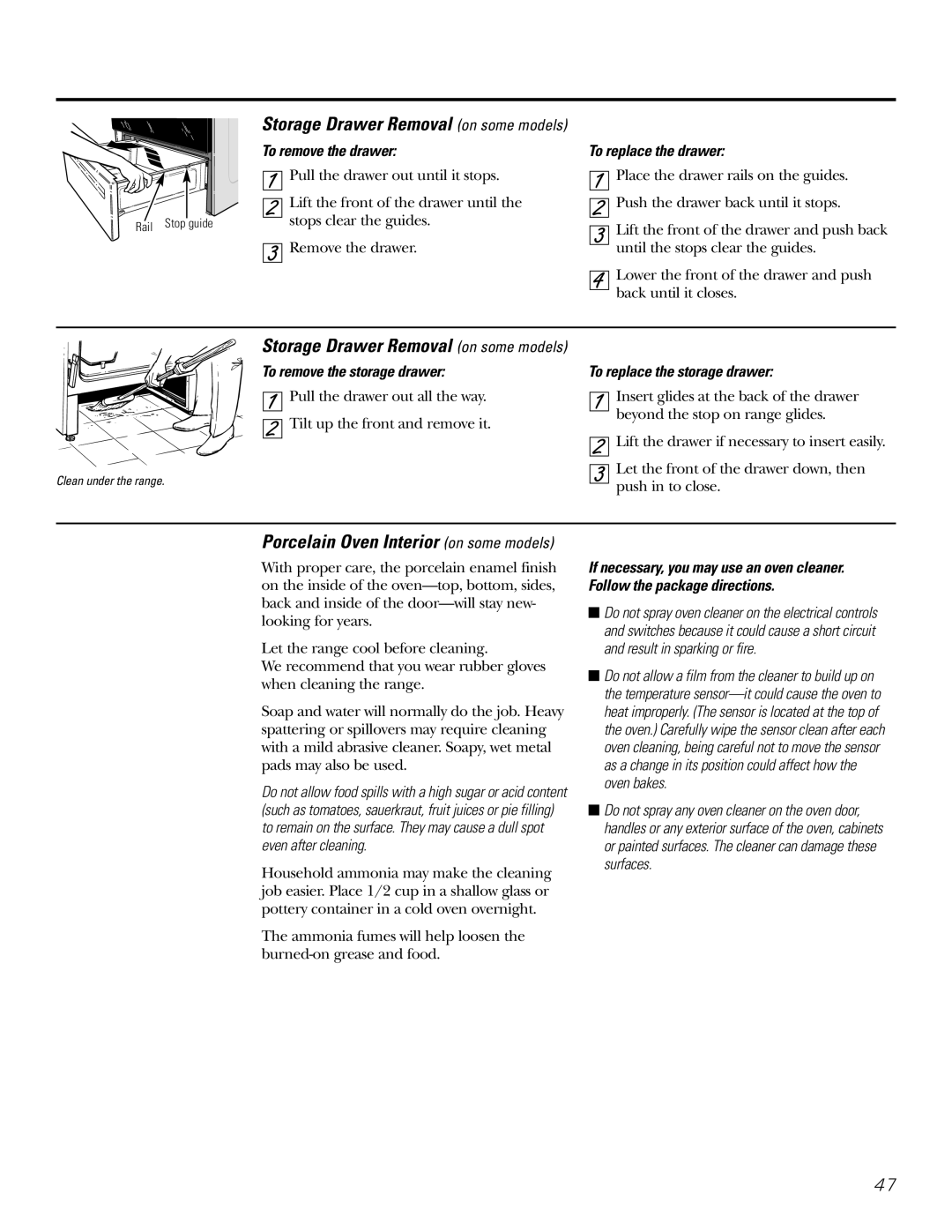 GE Coli Top owner manual Storage Drawer Removal on some models, Porcelain Oven Interior on some models 