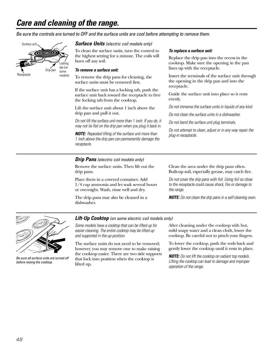 GE Coli Top owner manual Surface Units electric coil models only, To remove a surface unit, To replace a surface unit 