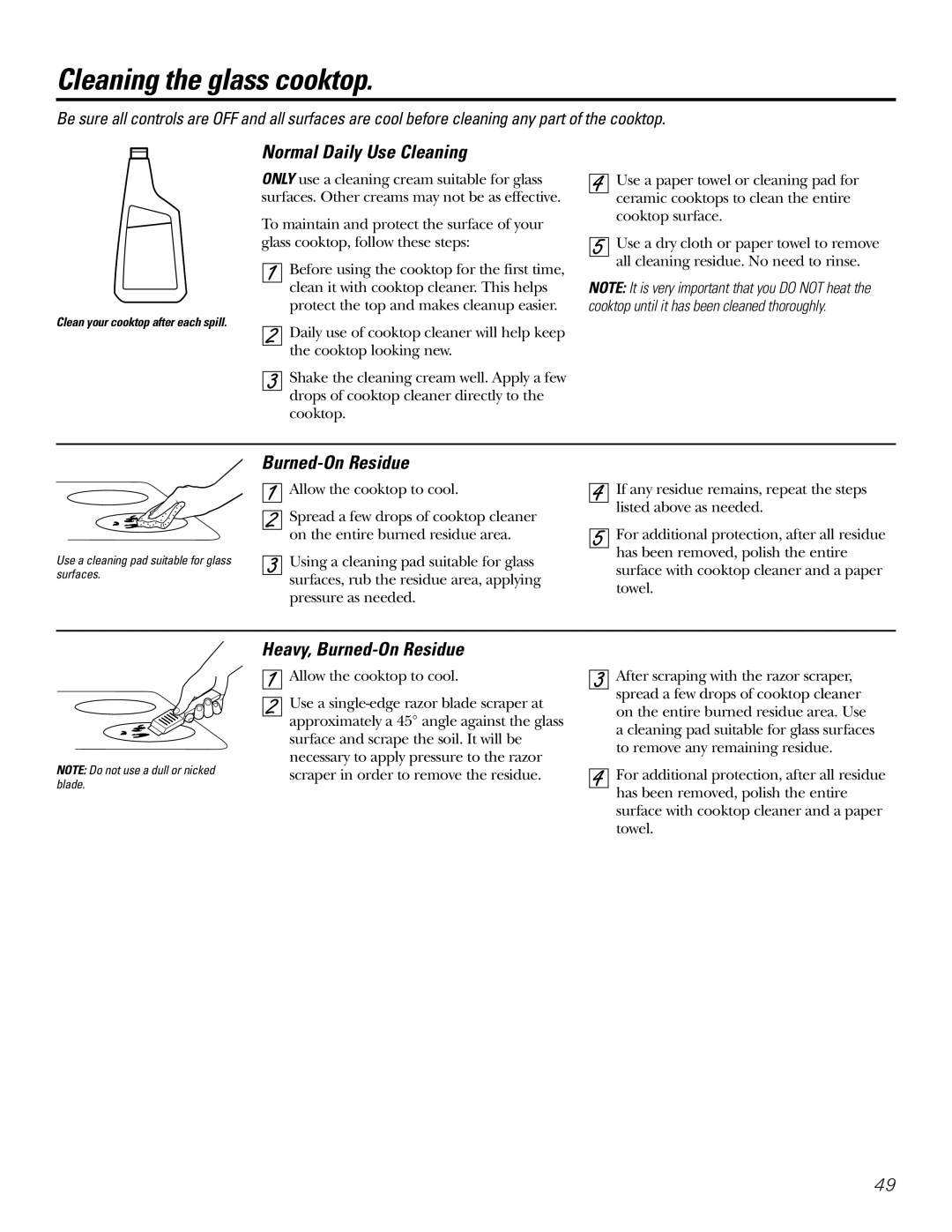 GE Coli Top owner manual Cleaning the glass cooktop, Normal Daily Use Cleaning, Heavy, Burned-On Residue 