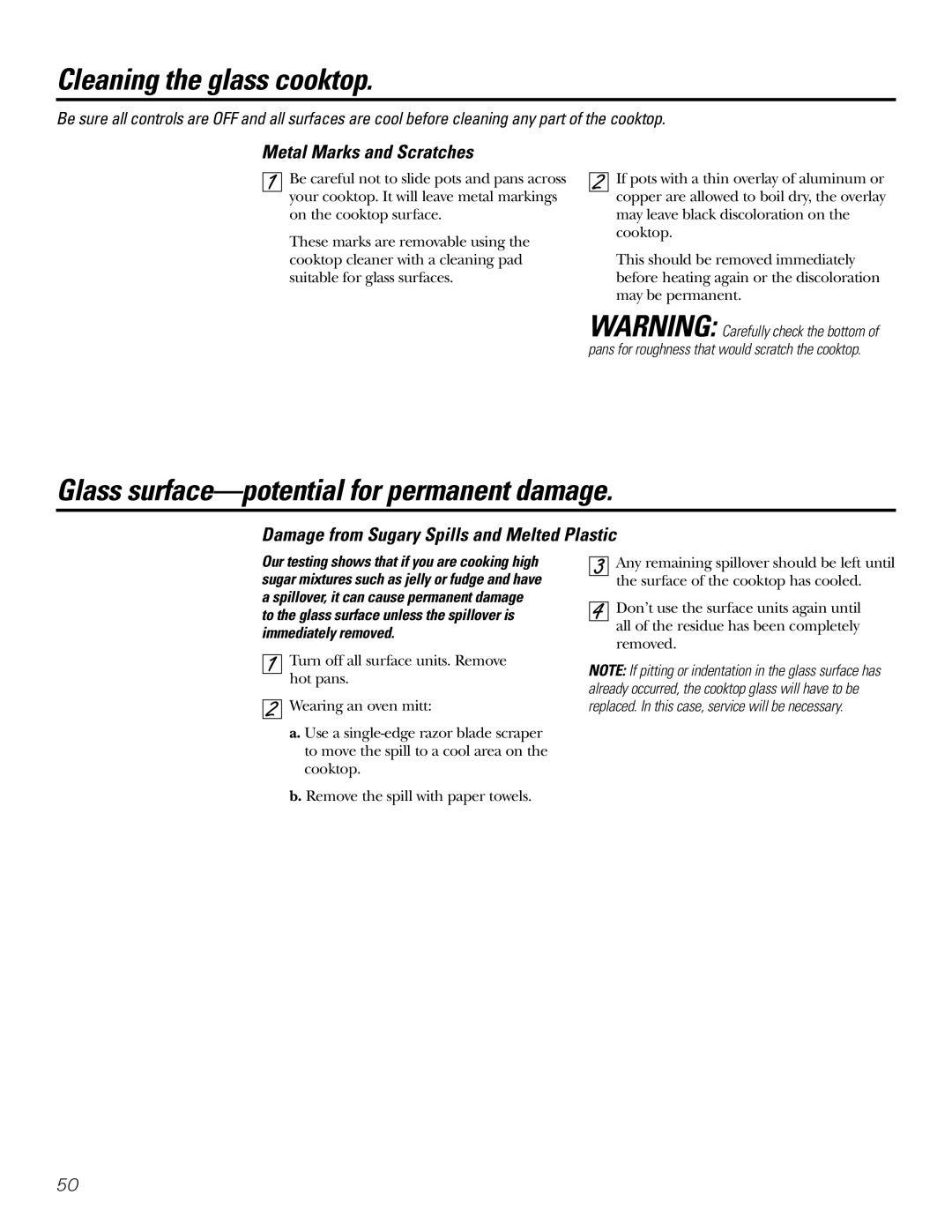 GE Coli Top owner manual Glass surface-potential for permanent damage, Metal Marks and Scratches 