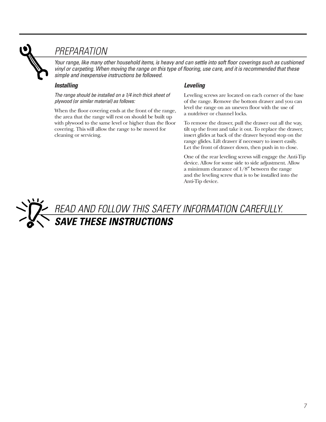 GE Coli Top owner manual Installing, Leveling 