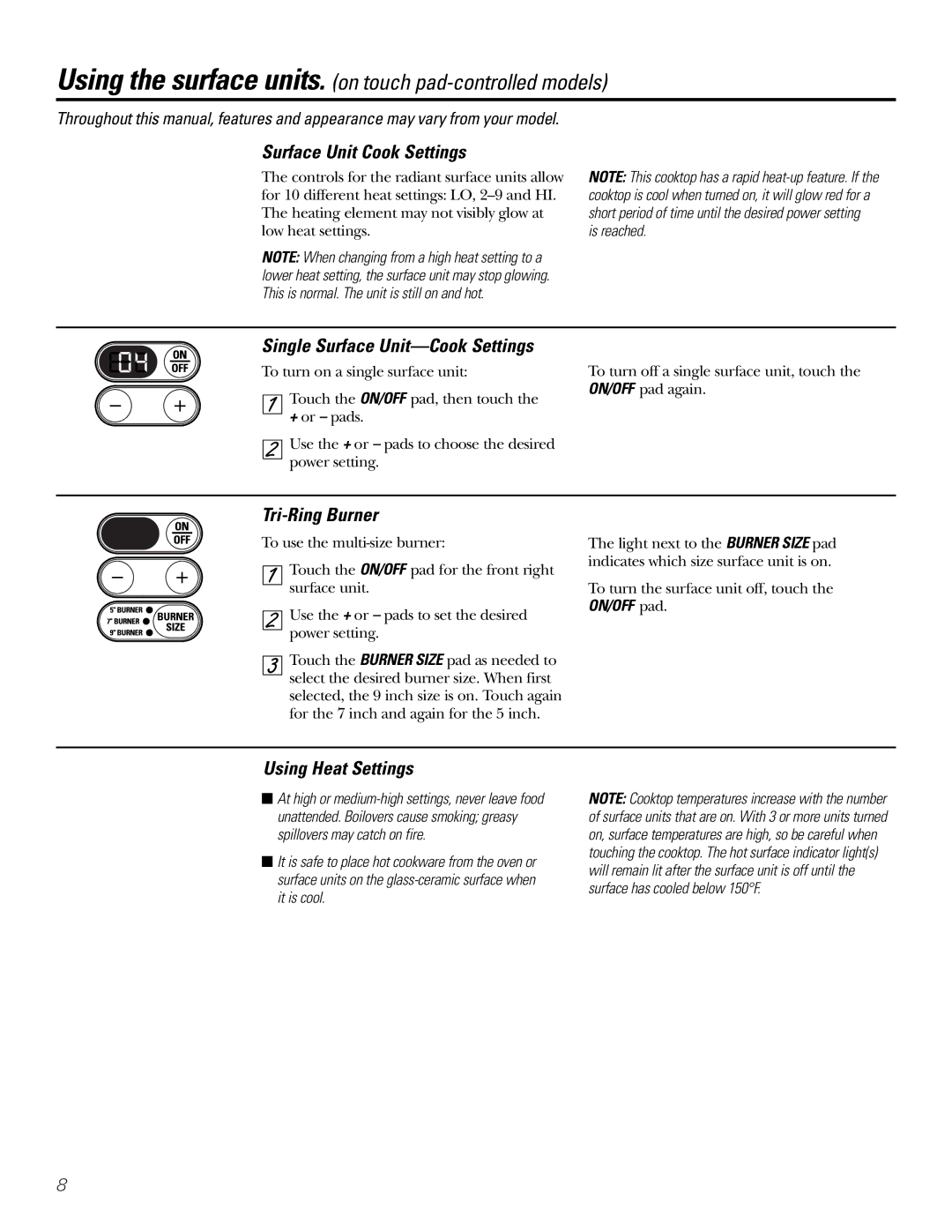 GE Coli Top Surface Unit Cook Settings, Single Surface Unit-Cook Settings, Tri-Ring Burner, Using Heat Settings 