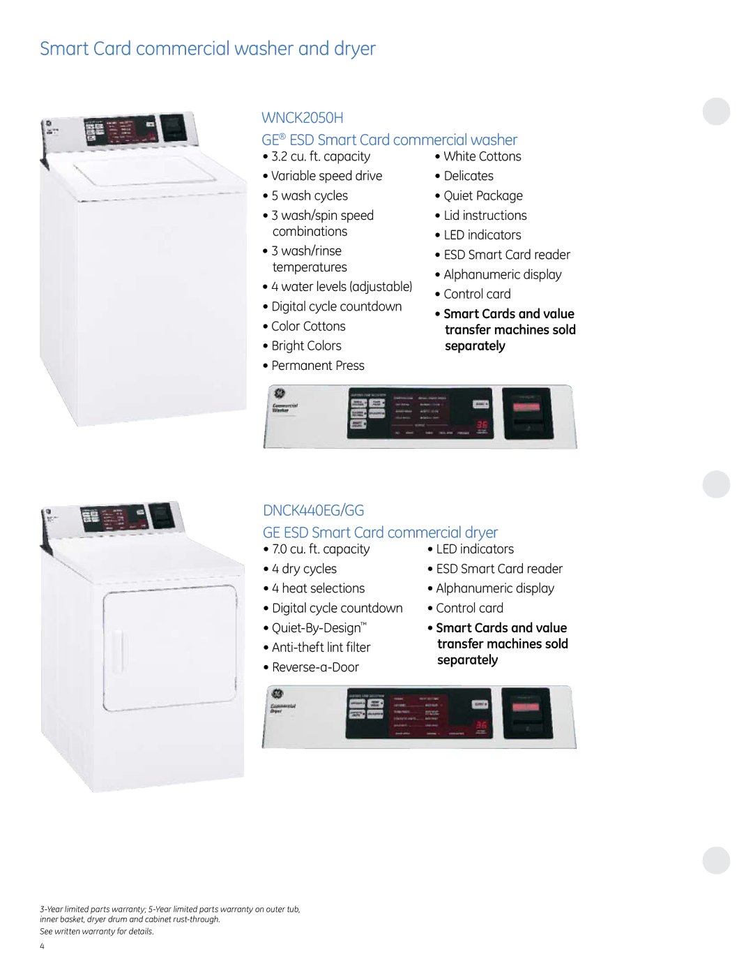 GE specifications Smart Card commercial washer and dryer, Wnck2050H GE ESD Smart Card commercial washer 