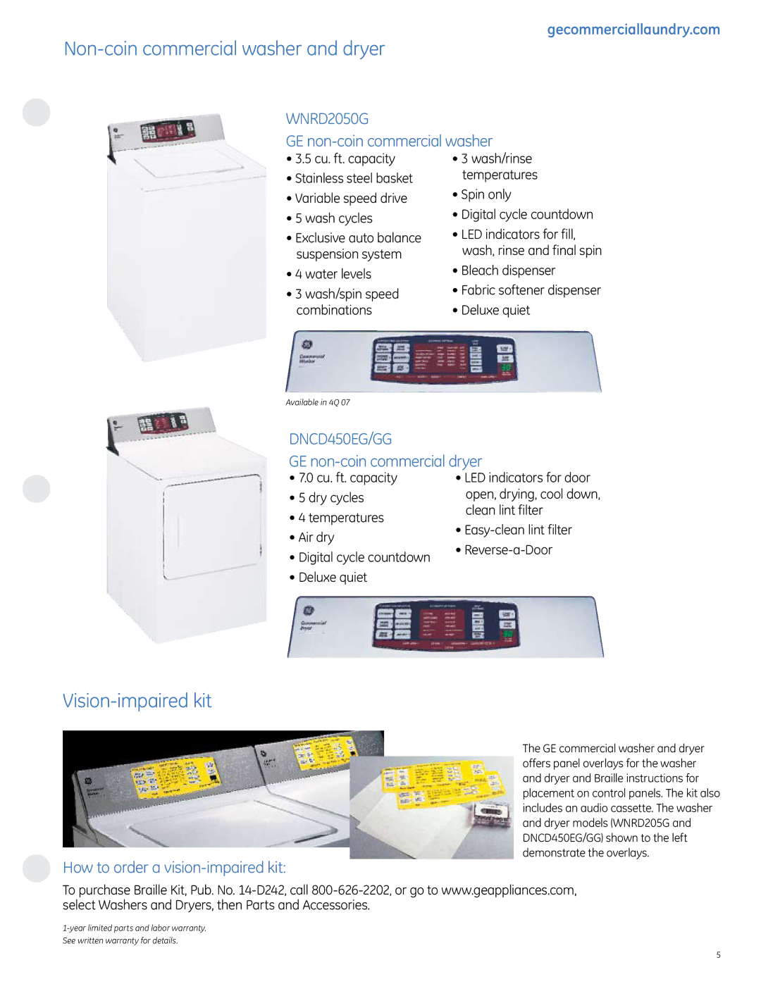 GE specifications Non-coin commercial washer and dryer, Vision-impaired kit, Wnrd2050G GE non-coin commercial washer 